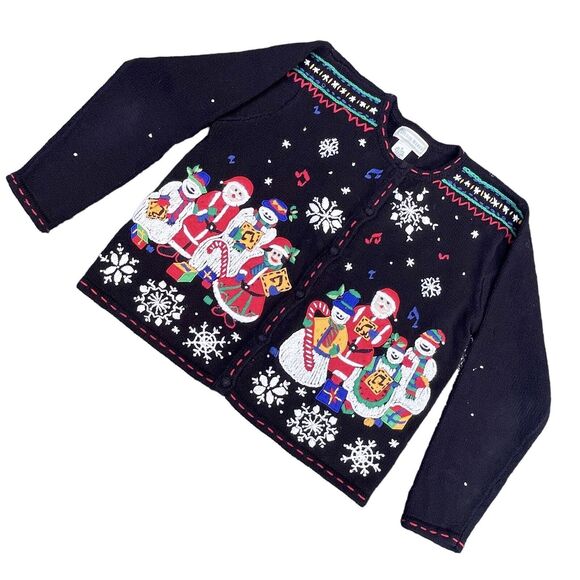 Studio Works Vtg Ugly Christmas Cardigan Sweater M Black Embroidery Front Back - Picture 8 of 11